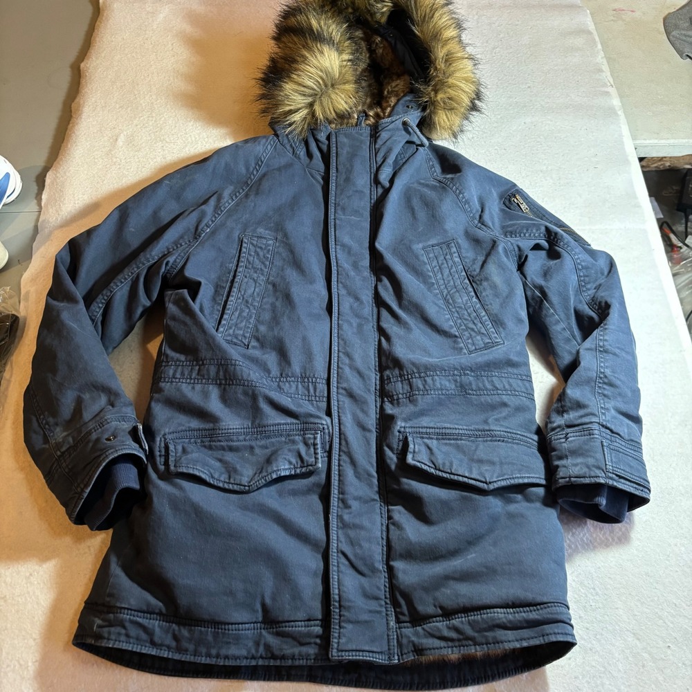 Y2K Hollister Women's Navy Blue Fur Lined Hooded Parka Jacket Size S‎